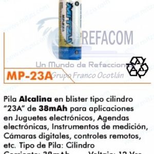MP-23A PILA T/CILINDRO 23A P/CONTROL,ALARMA,TIMBRE ETC
